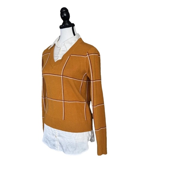 JNY Jones New York Blouse And Sweater V-Neck White Brown Gold Women's S Preppy - Picture 2 of 7